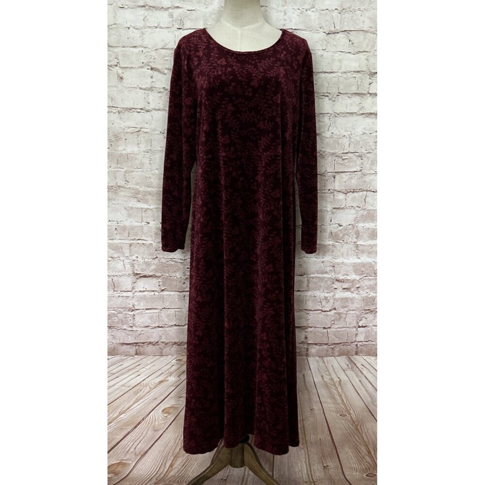 LL Bean Maxi Dress Vintage Burgundy Velour Long Sleeves Floral Modest Petite L